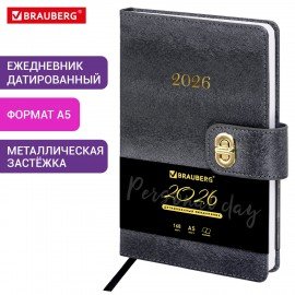 Ежедневник датированный 2026 А5 138х213мм BRAUBERG Elegant, под кожу, застежка, черный, 117368