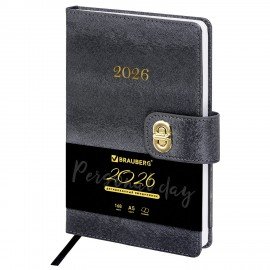 Ежедневник датированный 2026 А5 138х213мм BRAUBERG Elegant, под кожу, застежка, черный, 117368