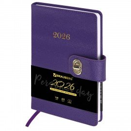 Ежедневник датированный 2026 А5 138х213мм BRAUBERG Elegant, под кожу, застежка, фиолетовый, 117370
