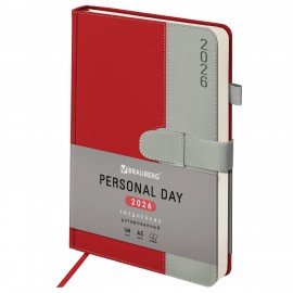 Ежедневник датированный 2026 А5 138х213мм BRAUBERG Esthetic,под кожу, держатель для ручки, застежка, красный/серый, 117371
