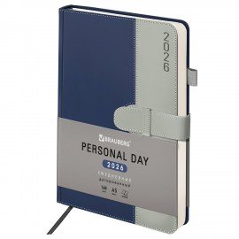 Ежедневник датированный 2026 А5 138х213мм BRAUBERG Esthetic, под кожу, держатель для ручки, застежка, синий/серый, 117373