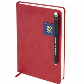 Ежедневник датированный 2026 А5 138х213мм BRAUBERG Accent под кожу, держатель, красный/синий, 117384