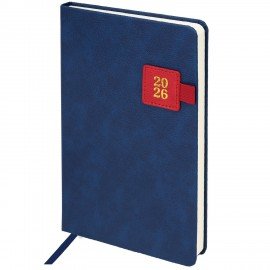 Ежедневник датированный 2026 А5 138х213мм BRAUBERG Accent под кожу, держатель, синий/красный, 117386