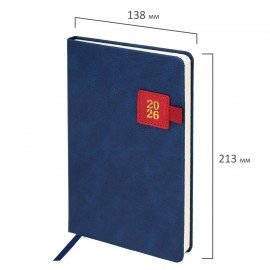 Ежедневник датированный 2026 А5 138х213мм BRAUBERG Accent под кожу, держатель, синий/красный, 117386