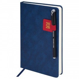 Ежедневник датированный 2026 А5 138х213мм BRAUBERG Accent под кожу, держатель, синий/красный, 117386