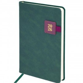 Ежедневник датированный 2026 А5 138х213мм BRAUBERG Accent под кожу, держатель, зеленый/бордо, 117387
