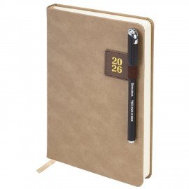 Ежедневник датированный 2026 А5 138х213мм BRAUBERG Accent под кожу, держатель, беж/коричневый 117388