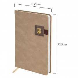 Ежедневник датированный 2026 А5 138х213мм BRAUBERG Accent под кожу, держатель, беж/коричневый 117388