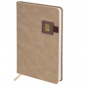 Ежедневник датированный 2026 А5 138х213мм BRAUBERG Accent под кожу, держатель, беж/коричневый 117388