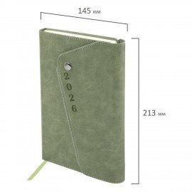 Ежедневник датированный 2026 А5 145х213мм BRAUBERG Jacket под кожу, клапан, держатель, зеленый 117402