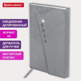 Ежедневник датированный 2026 А5 145х213мм BRAUBERG Jacket под кожу, клапан, держатель, серый, 117403