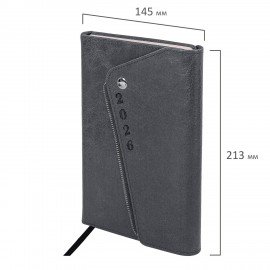 Ежедневник датированный 2026 А5 145х213мм BRAUBERG Jacket под кожу, клапан, держатель, серый, 117403