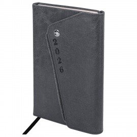 Ежедневник датированный 2026 А5 145х213мм BRAUBERG Jacket под кожу, клапан, держатель, серый, 117403