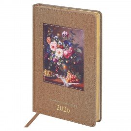 Ежедневник датированный 2026 А5 138х213мм BRAUBERG ArtGallery, под кожу, нашивка, бежевый, 117404