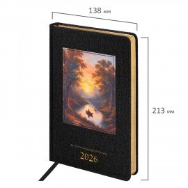 Ежедневник датированный 2026 А5 138х213мм BRAUBERG ArtGallery, под кожу, нашивка, черный, 117405