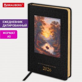 Ежедневник датированный 2026 А5 138х213мм BRAUBERG ArtGallery, под кожу, нашивка, черный, 117405