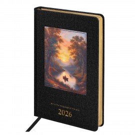 Ежедневник датированный 2026 А5 138х213мм BRAUBERG ArtGallery, под кожу, нашивка, черный, 117405