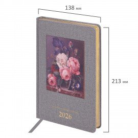 Ежедневник датированный 2026 А5 138х213мм BRAUBERG ArtGallery, под кожу, нашивка, серый, 117406