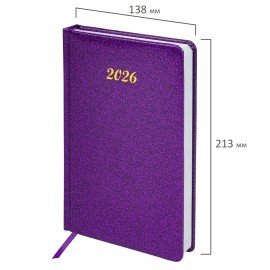 Ежедневник датированный 2026 А5 138x213мм BRAUBERG Sparkle, под кожу, блестки, фиолетовый, 117438