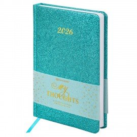 Ежедневник датированный 2026 А5 138x213мм BRAUBERG Sparkle, под кожу, блестки, бирюзовый, 117439