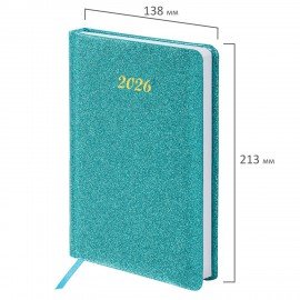 Ежедневник датированный 2026 А5 138x213мм BRAUBERG Sparkle, под кожу, блестки, бирюзовый, 117439