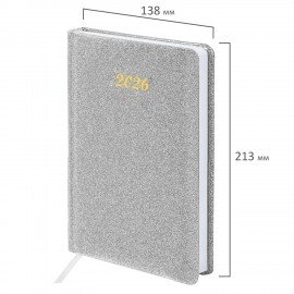 Ежедневник датированный 2026 А5 138x213мм BRAUBERG Sparkle, под кожу, блестки, серебристый, 117440