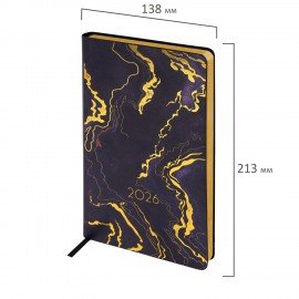 Ежедневник датированный 2026 А5 138x213мм BRAUBERG Vista, под кожу гибкий, Black marble, 117445