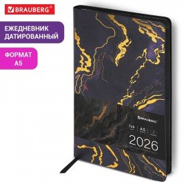 Ежедневник датированный 2026 А5 138x213мм BRAUBERG Vista, под кожу гибкий, Black marble, 117445