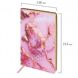 Ежедневник датированный 2026 А5 138x213мм BRAUBERG Vista, под кожу гибкий, Pink marble, 117446