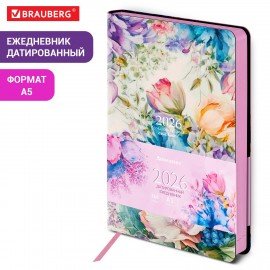 Ежедневник датированный 2026 А5 138x213мм BRAUBERG Vista, под кожу гибкий, Цветы, 117447