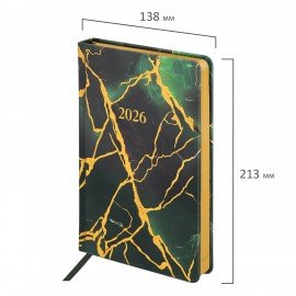 Ежедневник датированный 2026 А5 138x213мм BRAUBERG "Vista", под кожу твердый, "Green marble", 117456