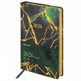Ежедневник датированный 2026 А5 138x213мм BRAUBERG "Vista", под кожу твердый, "Green marble", 117456
