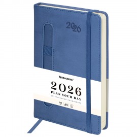 Ежедневник датированный 2026 А5 138x213мм BRAUBERG Optimal, под кожу, резинка, держатель для ручки, синий, 117464