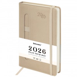 Ежедневник датированный 2026 А5 138x213мм BRAUBERG Optimal, под кожу, резинка, держатель для ручки, бежевый, 117467
