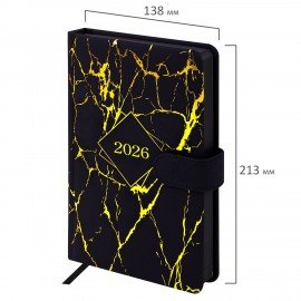 Ежедневник датированный 2026 А5 138x213мм BRAUBERG Goldy, под кожу, цветной срез, черный, 117470