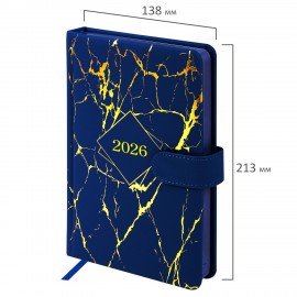 Ежедневник датированный 2026 А5 138x213мм BRAUBERG Goldy, под кожу, цветной срез, синий, 117472