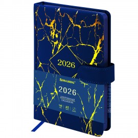 Ежедневник датированный 2026 А5 138x213мм BRAUBERG Goldy, под кожу, цветной срез, синий, 117472