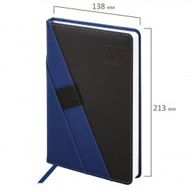 Ежедневник датированный 2026 А5 138х213мм BRAUBERG Swirl, под кожу, держатель для ручки, синий, 117479