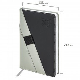 Ежедневник датированный 2026 А5 138х213мм BRAUBERG Swirl,под кожу, держатель для ручки, серый, 117482