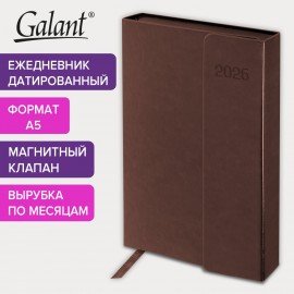 Ежедневник датированный 2026 А5 148х218мм GALANT Magnetic, под кожу, клапан, коричневый, 117484