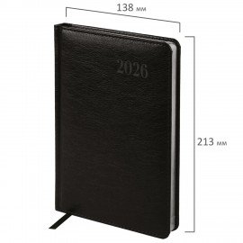 Ежедневник датированный 2026, А5, 138х213 мм, BRAUBERG "Impression", под кожу, черный, 117510