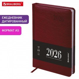 Ежедневник датированный 2026, А5, 138х213 мм, BRAUBERG "Impression", под кожу, бордовый, 117512