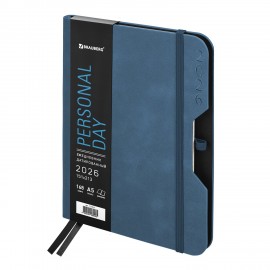 Ежедневник датированный 2026 А5 151х213мм BRAUBERG Note, под кожу, держатель для ручки, синий, 117517