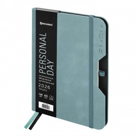 Ежедневник датированный 2026 А5 151х213мм BRAUBERG Note, под кожу, держатель для ручки, серо-голубой, 117520