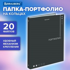Папка-портфолио универсальная, 4 кольца, 20 файлов 10 вкладышей, 7БЦ матовая, BRAUBERG, 117553