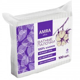 Ватные палочки 100 шт.,AMRA, пакет, ш/к 82510, П00066647