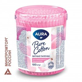 Ватные палочки КОМПЛЕКТ 100 шт., AURA, пластиковый стакан, ш/к 20797, 13143