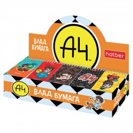 Блокнот МАЛЫЙ ФОРМАТ А7 40л, гребень, картон, клетка, дисплей, HATBER, Ассорти Влад А4, 087487, 40Б7В1гр