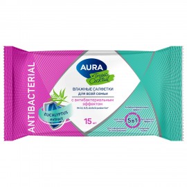 Салфетки влажные 15 шт, AURA Tropic Cocktail c антибактериальным эффектом, ш/к 93967, 10388
