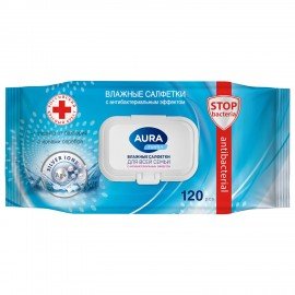 Салфетки влажные 120 шт, AURA Family антибактериальные, для всей семьи, крышка клапан, 14622